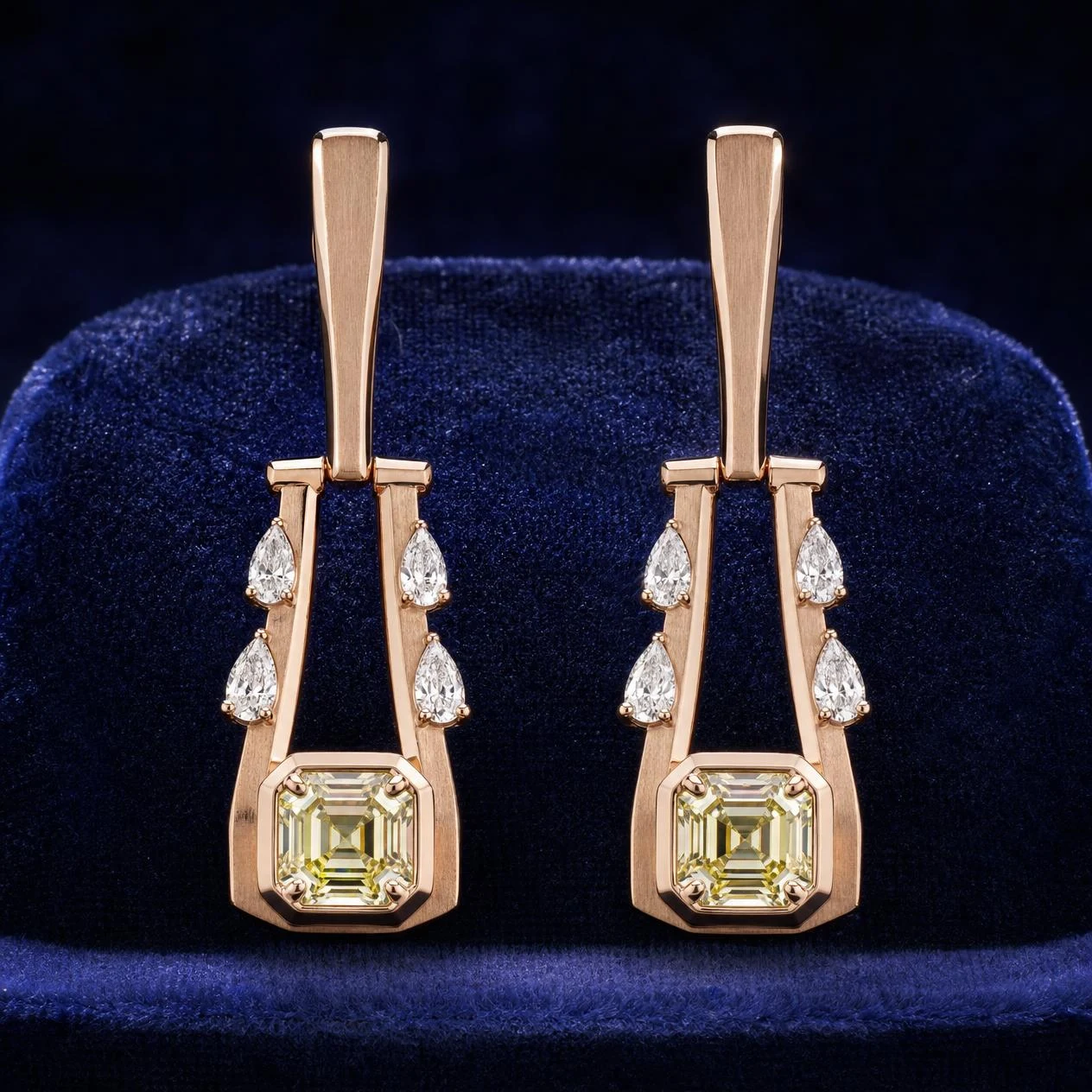 Viola Suspendue, 2.04 ct tw asscher lab grown diamond earrings in rose gold (front view)