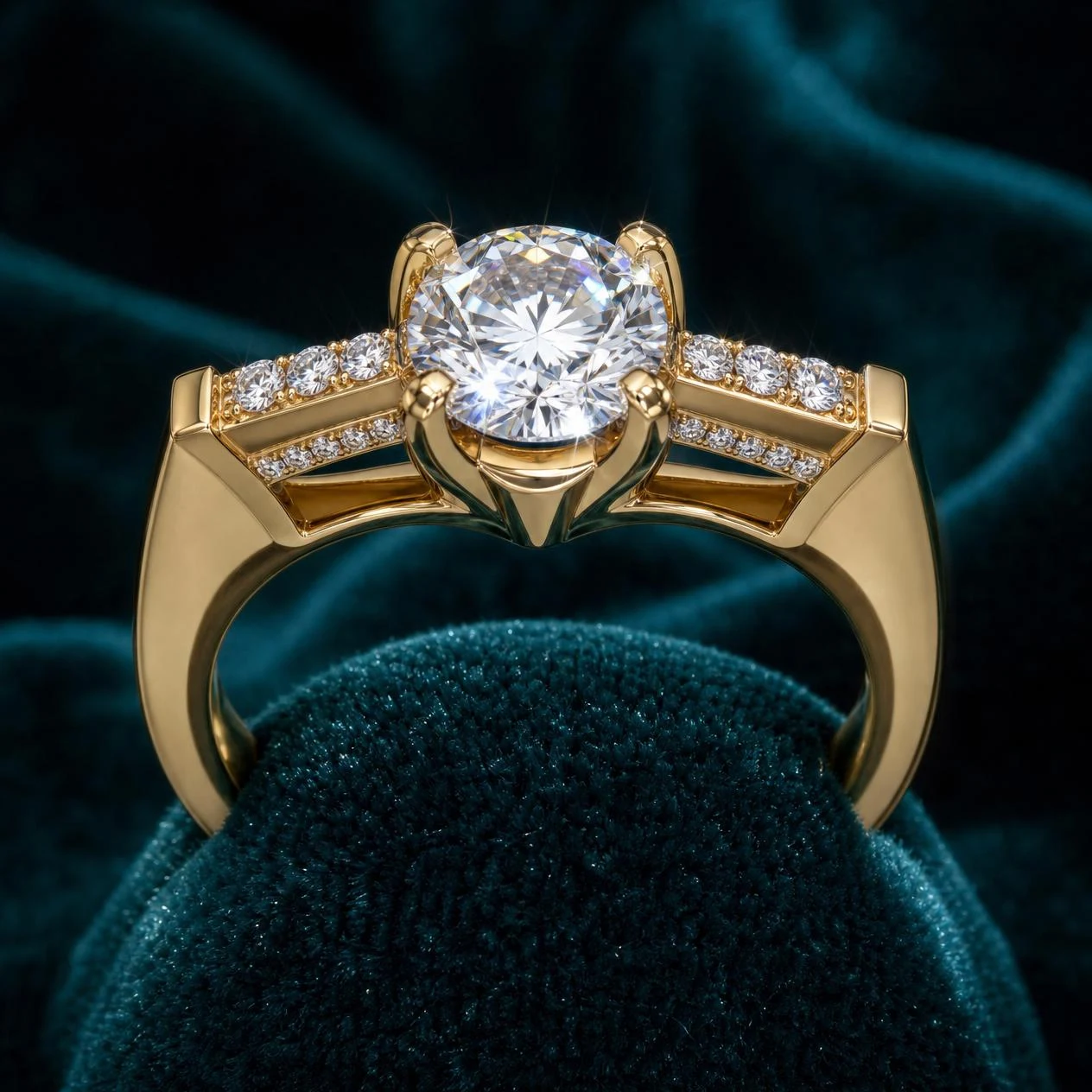 Aube di Cristallo, 1.52 ct tw round lab grown diamond ring in 14K yellow gold (front view)