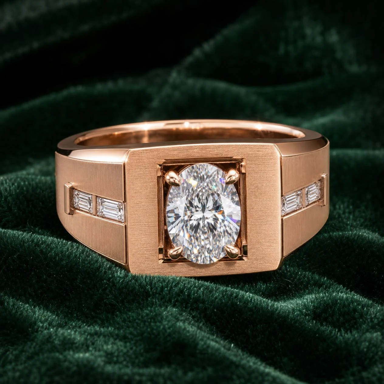 Faro Imperiale, 0.84 ct tw oval lab grown diamond men’s ring in rose gold (front view)