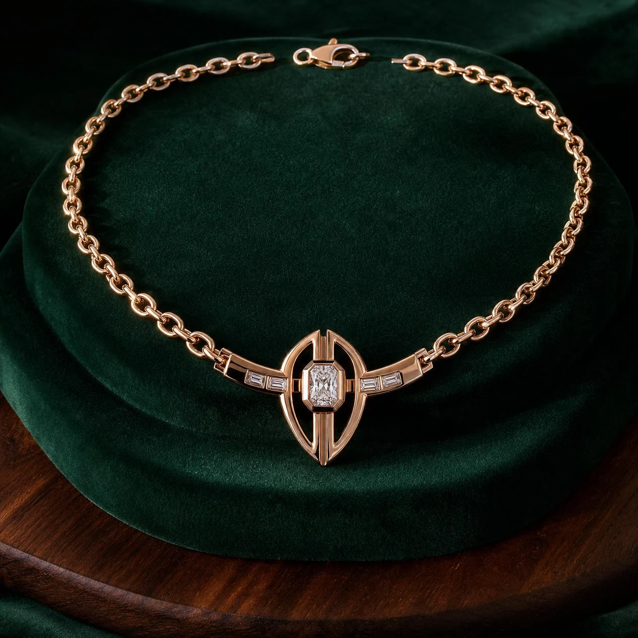 Forte Silenzioso, 1.1 ct tw radiant lab grown diamond men’s necklace in rose gold (front view)