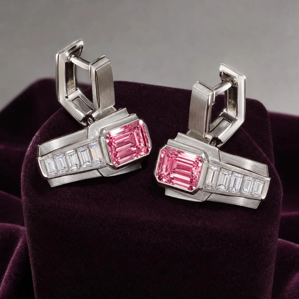 Condottiero Solenne, 3.68 ct tw emerald lab grown diamond men’s earrings in 14K white gold (front view)