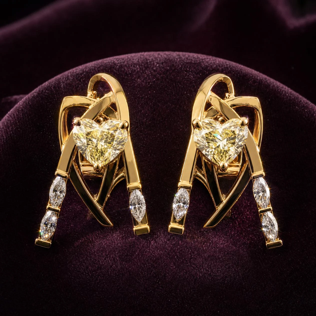 Étoile di Rugiada, 2.6 ct tw heart lab grown diamond earrings in 14K yellow gold (front view)
