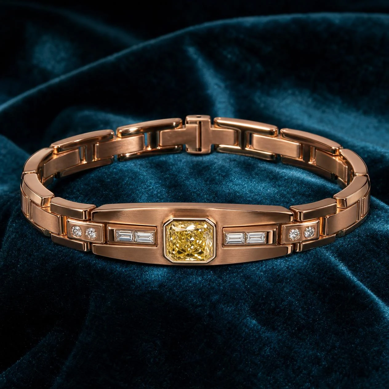 Nord del Sud, 1.48 ct tw radiant lab grown diamond men’s bracelet in rose gold (front view)