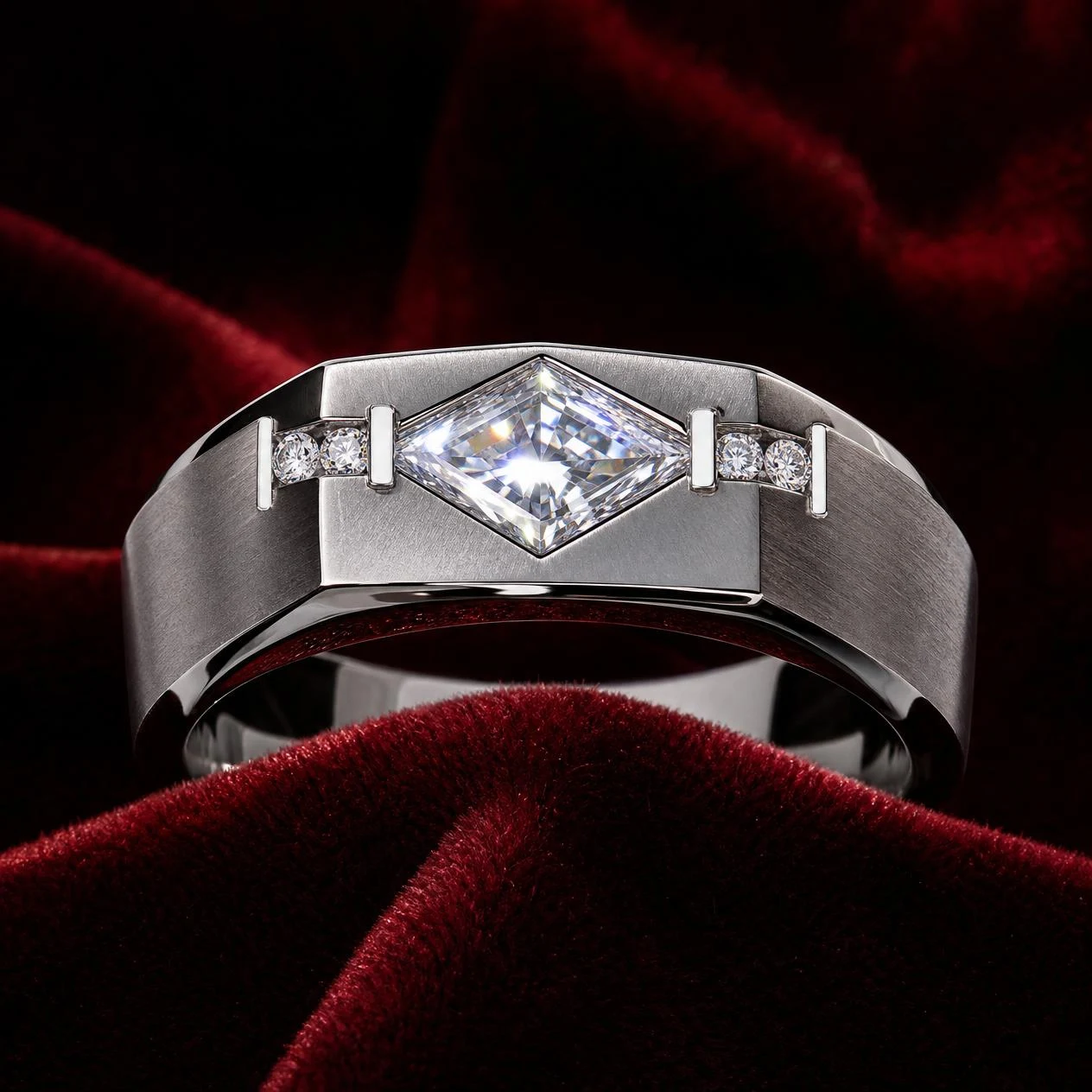 Levante Nero, 1.16 ct tw kite lab grown diamond men’s ring in 14K white gold (front view)