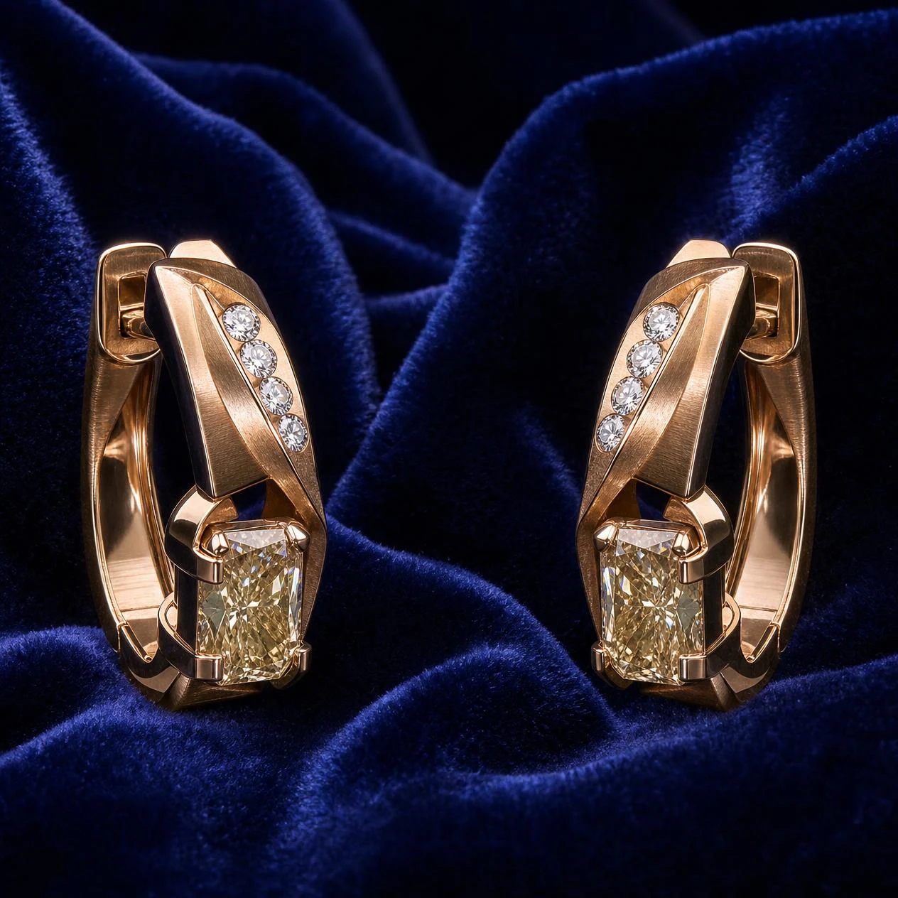 Conte di Bronzo, 1.84 ct tw radiant lab grown diamond men’s earrings in rose gold (front view)