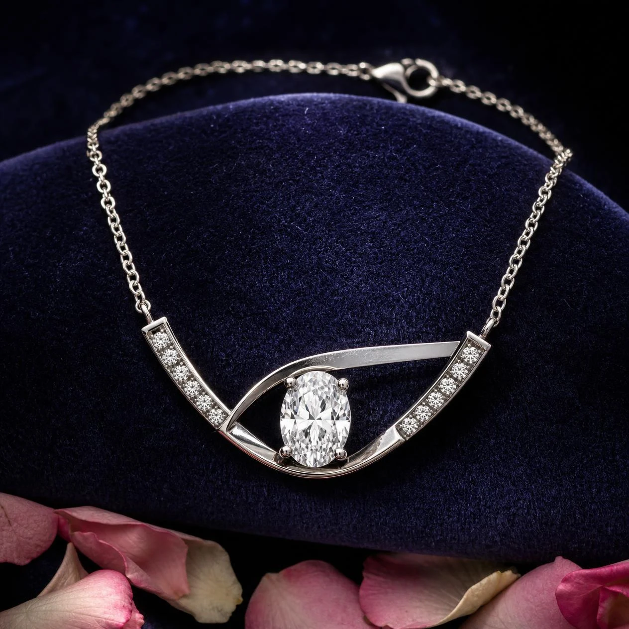 Alba Brillante, 1.29 ct tw oval lab grown diamond necklace in 14K white gold (front view)