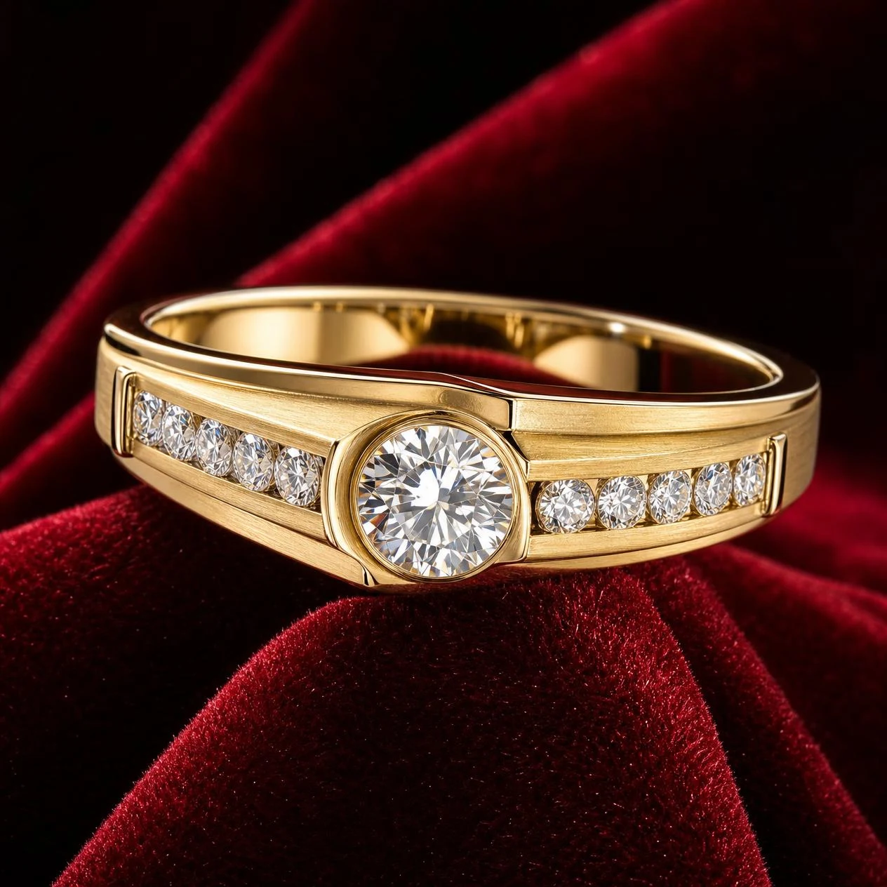 Pellegrino di Notte, 1.54 ct tw round lab grown diamond men’s ring in 14K yellow gold (front view)