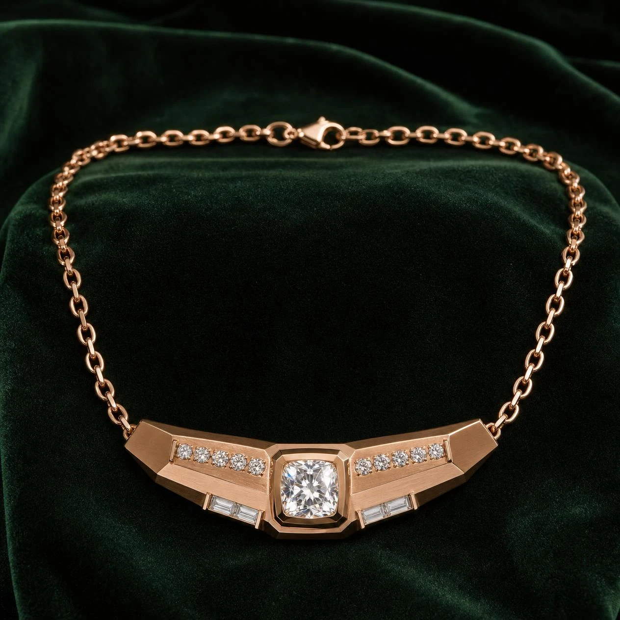 Quercia del Sud, 1.31 ct tw cushion lab grown diamond men’s necklace in rose gold (front view)
