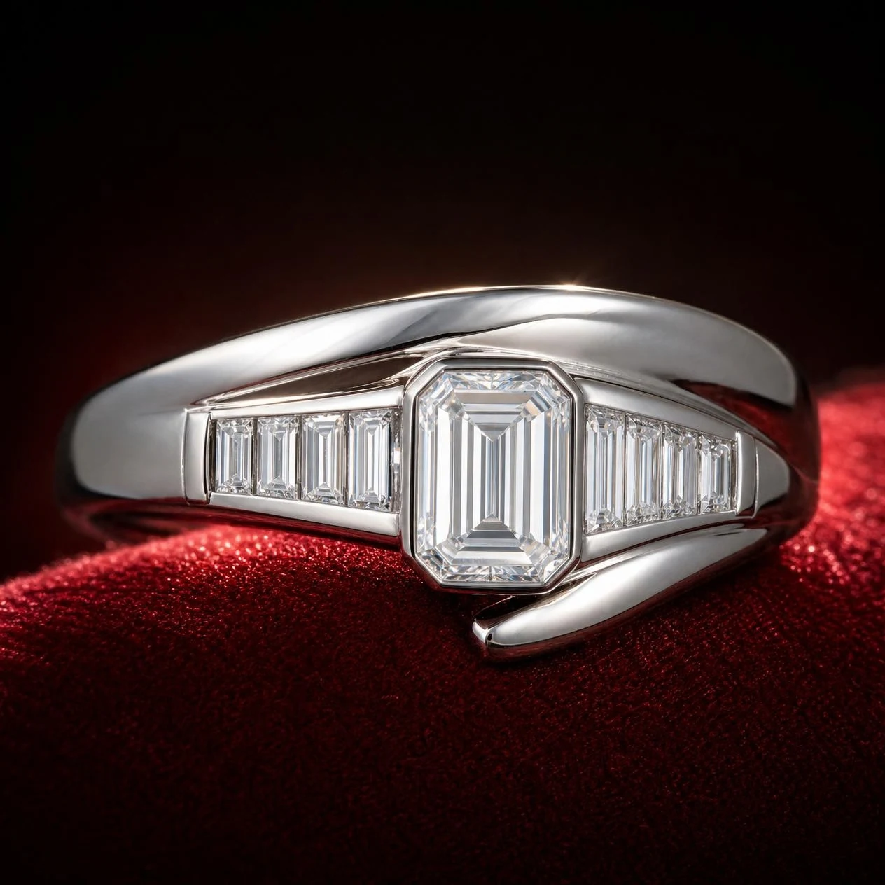 Cielo d'Aube, 1.22 ct tw emerald lab grown diamond ring in 14K white gold (front view)