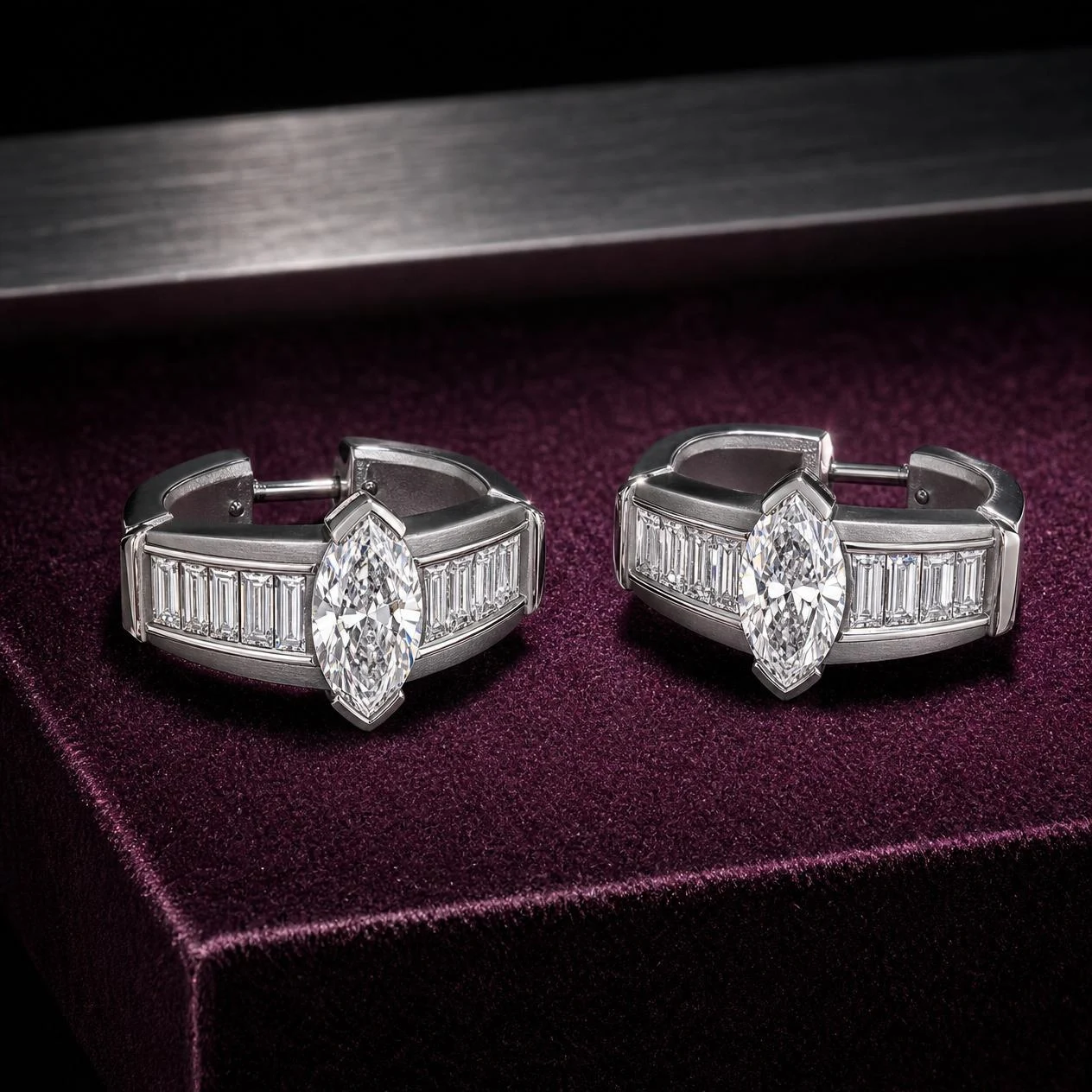 Signore Eterno, 1.42 ct tw marquise lab grown diamond men’s earrings in 14K white gold (front view)