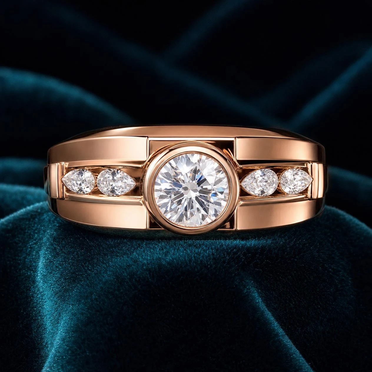 Basalto Sovrano, 1.35 ct tw round lab grown diamond men’s ring in rose gold (front view)