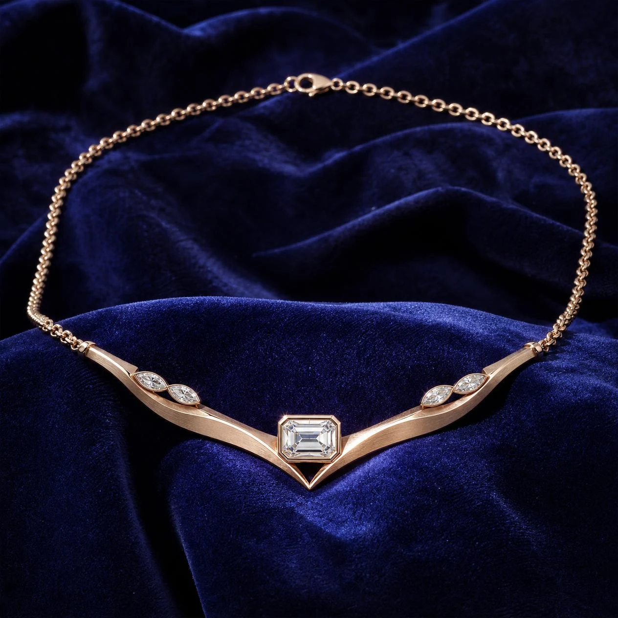 Laguna Lumineuse, 0.84 ct tw emerald lab grown diamond necklace in rose gold (front view)