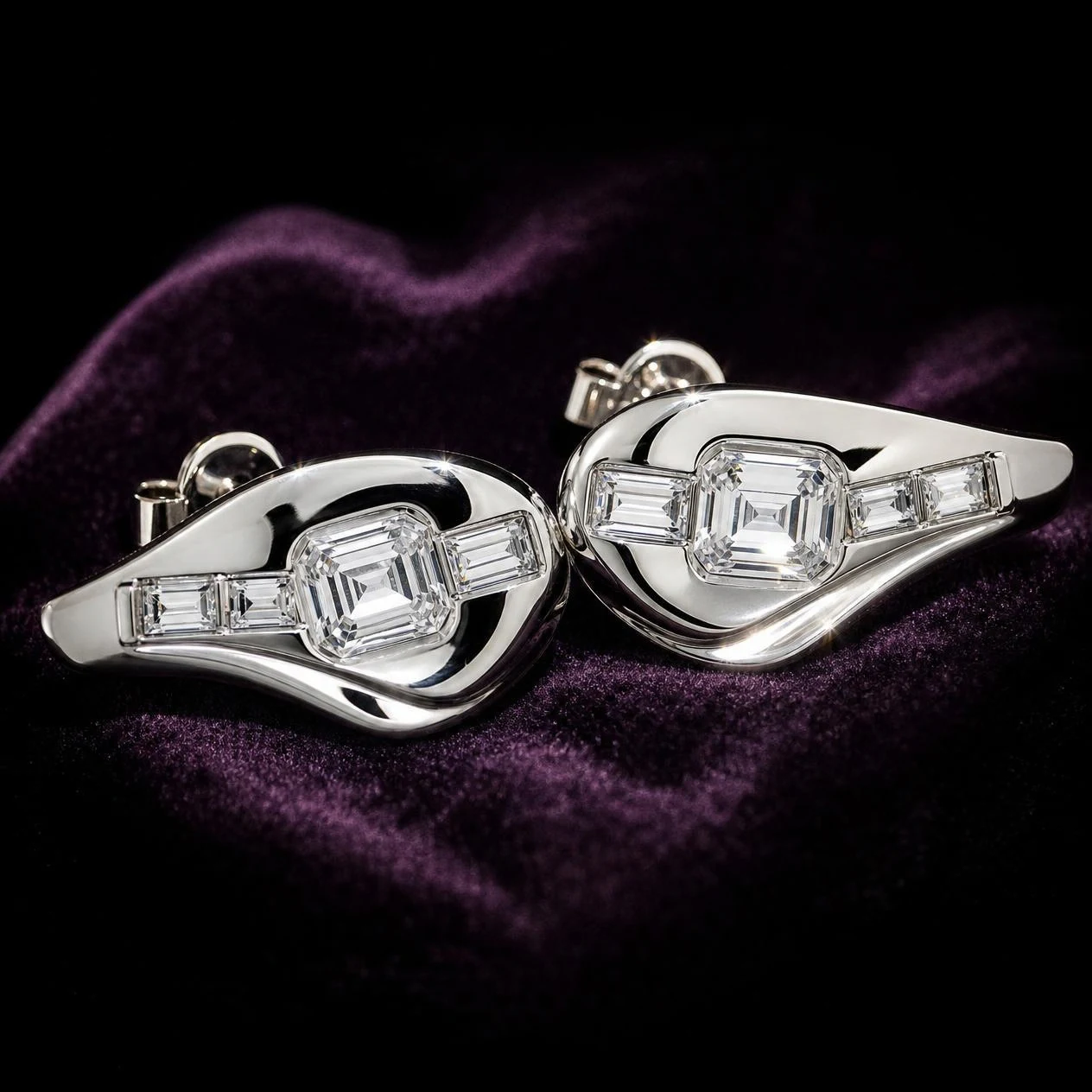 Soie Serena, 1.72 ct tw emerald lab grown diamond earrings in 14K white gold (front view)