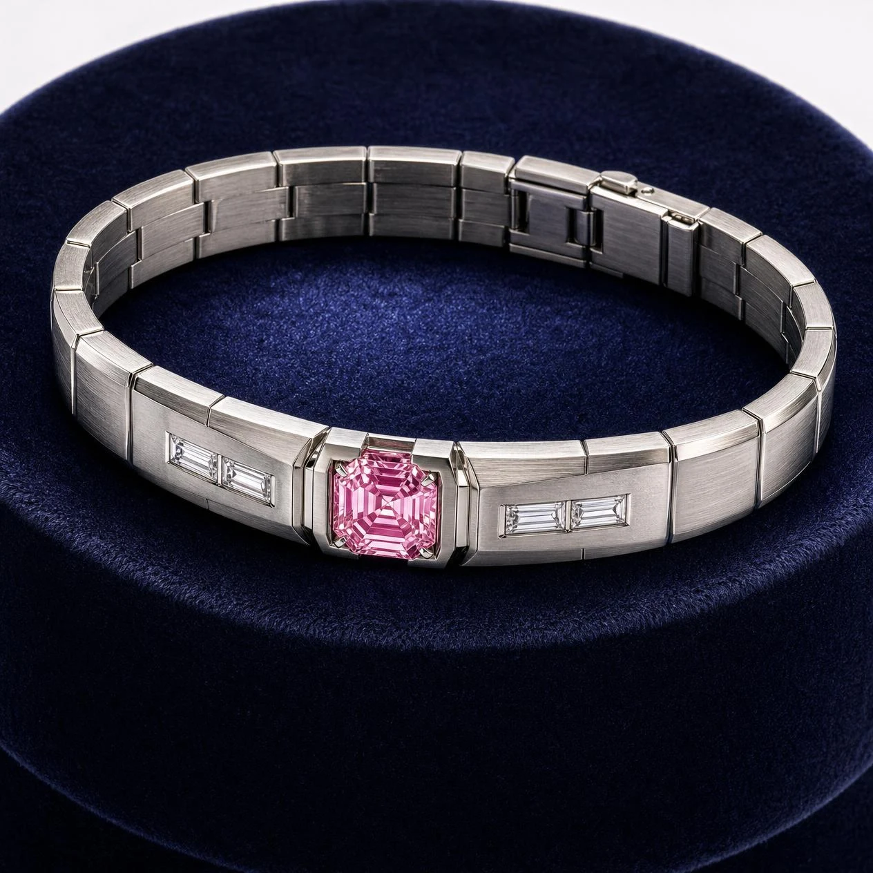 Lampo d'Oriente, 1.06 ct tw asscher lab grown diamond men’s bracelet in 14K white gold (front view)