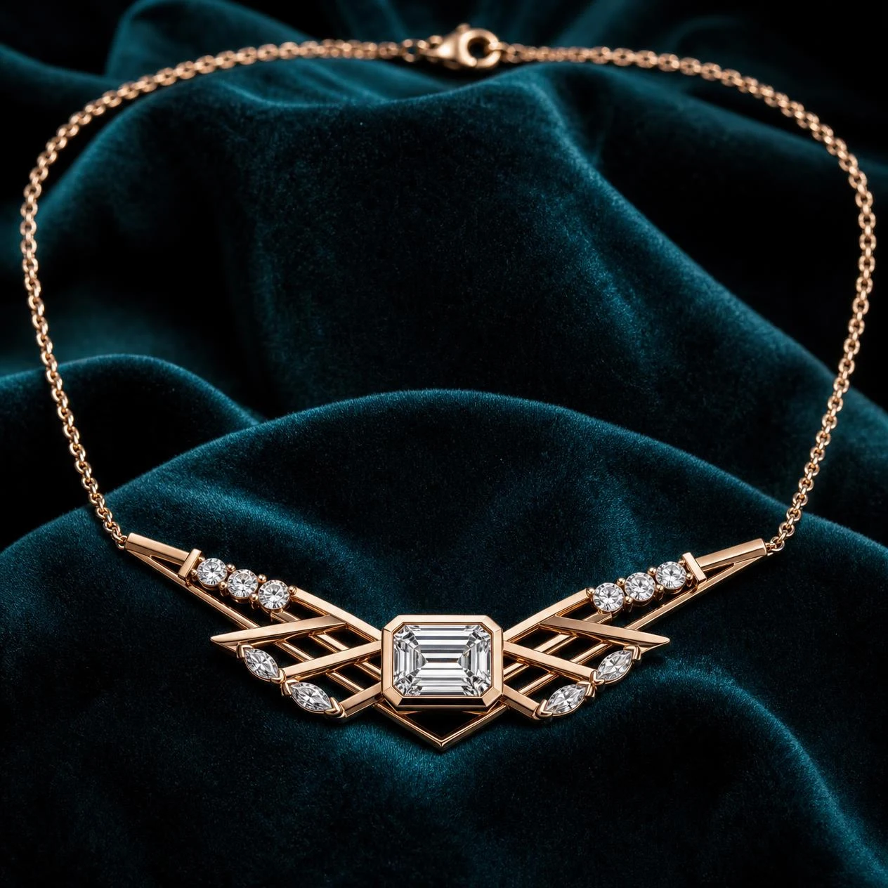 Collina di Seta, 1.43 ct tw emerald lab grown diamond necklace in rose gold (front view)