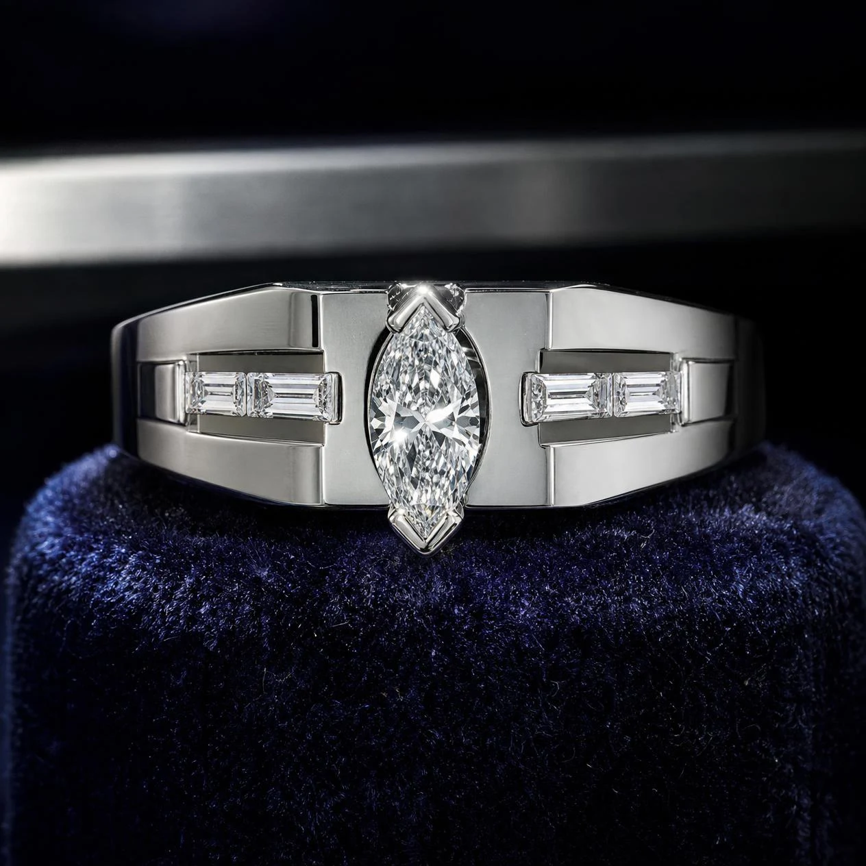 Barone di Mezzanotte, 0.98 ct tw marquise lab grown diamond men’s ring in 14K white gold (front view)