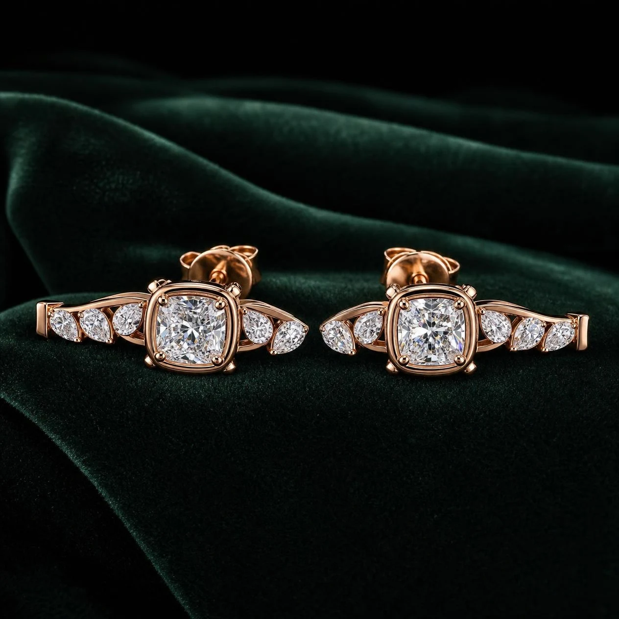 Lira Sognante, 1.6 ct tw cushion lab grown diamond earrings in rose gold (front view)