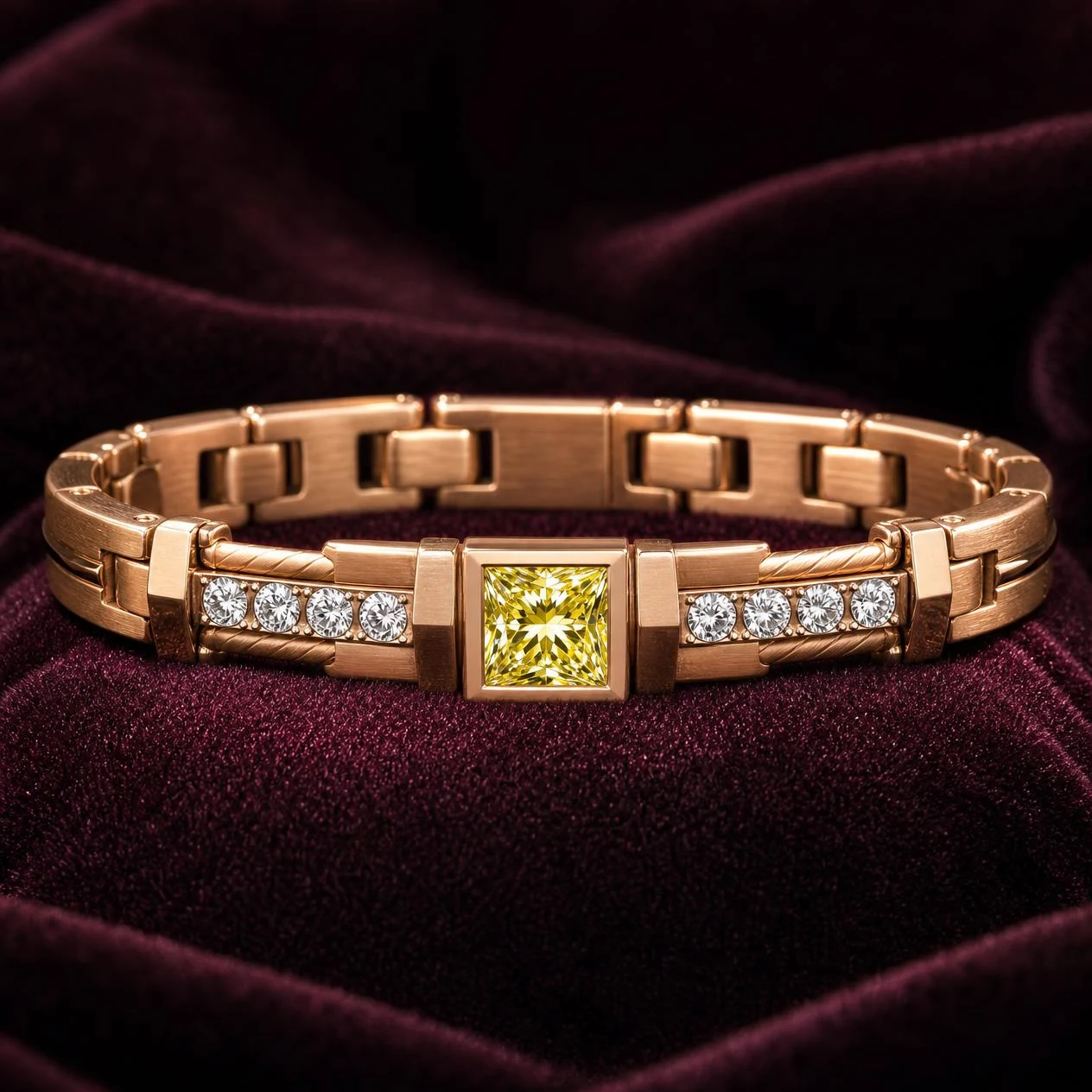 Uragano di Platino, 1.39 ct tw princess lab grown diamond men’s bracelet in rose gold (front view)