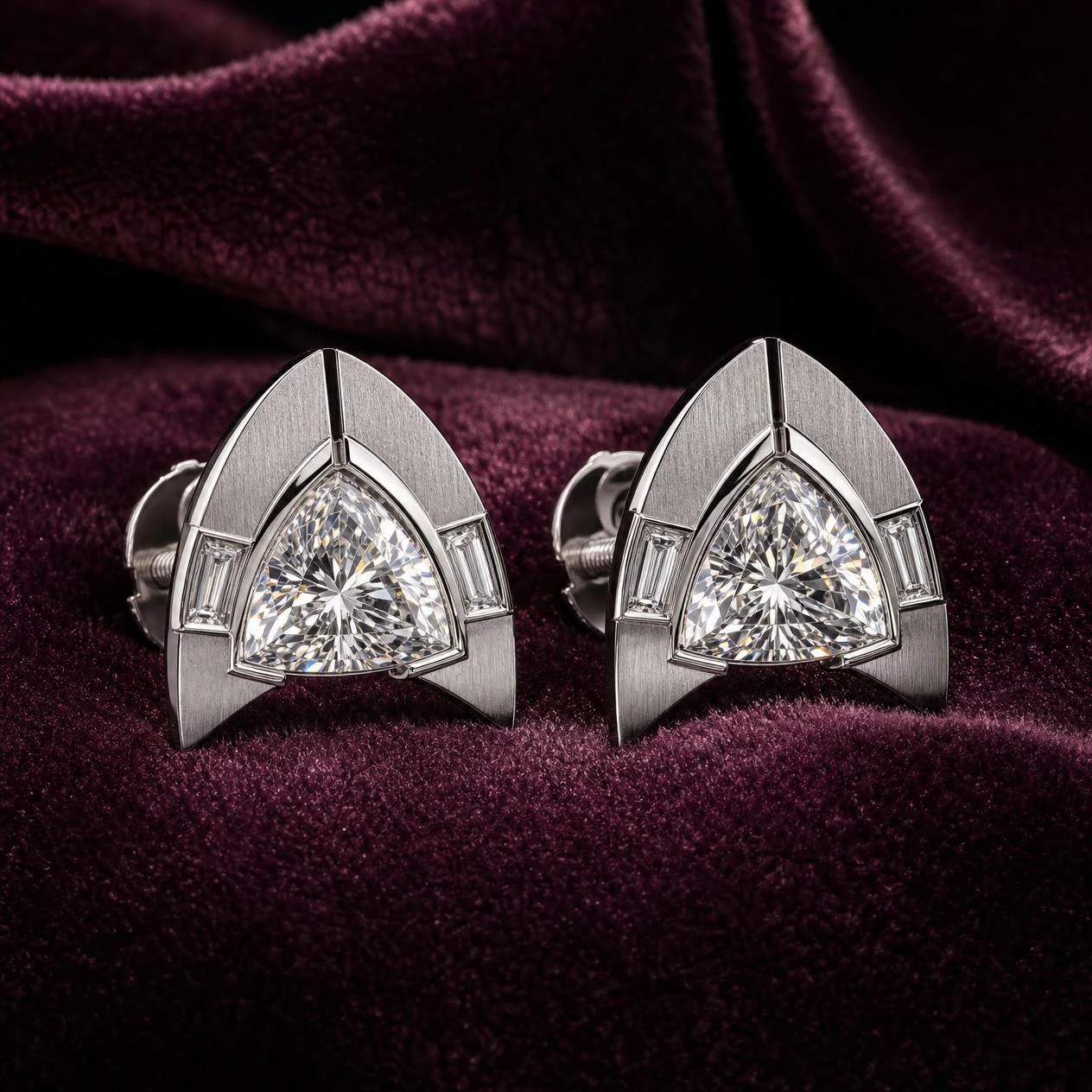 Arciere di Notte, 1.8 ct tw trillion lab grown diamond men’s earrings in 14K white gold (front view)