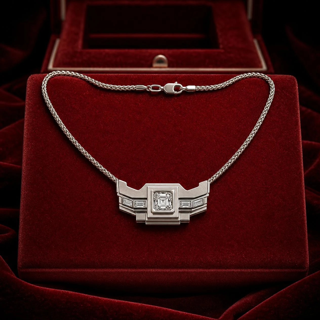 Marchese d'Occidente, 1.05 ct tw asscher lab grown diamond men’s necklace in 14K white gold (front view)