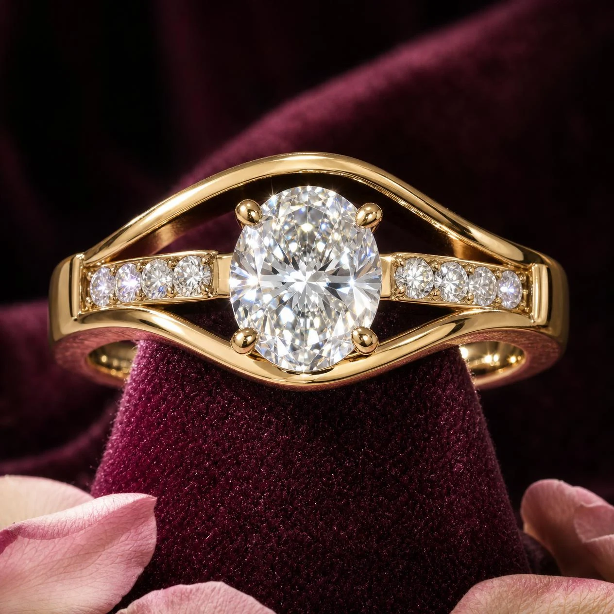 Cascata Infinie, 1.52 ct tw oval lab grown diamond ring in 14K yellow gold (front view)