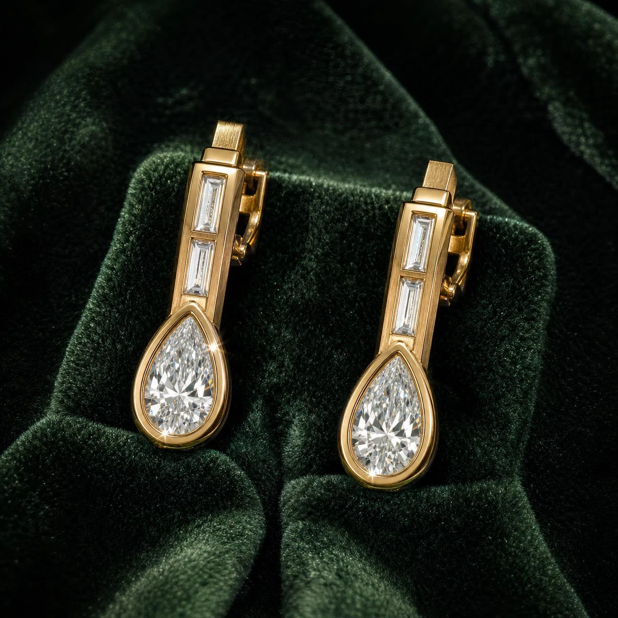 Zenit Invicto, 1.96 ct tw pear lab grown diamond men’s earrings in 14K yellow gold (front view)