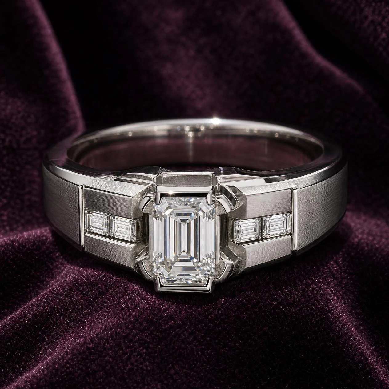 Cedro Solenne, 1.01 ct tw emerald lab grown diamond men’s ring in 14K white gold (front view)