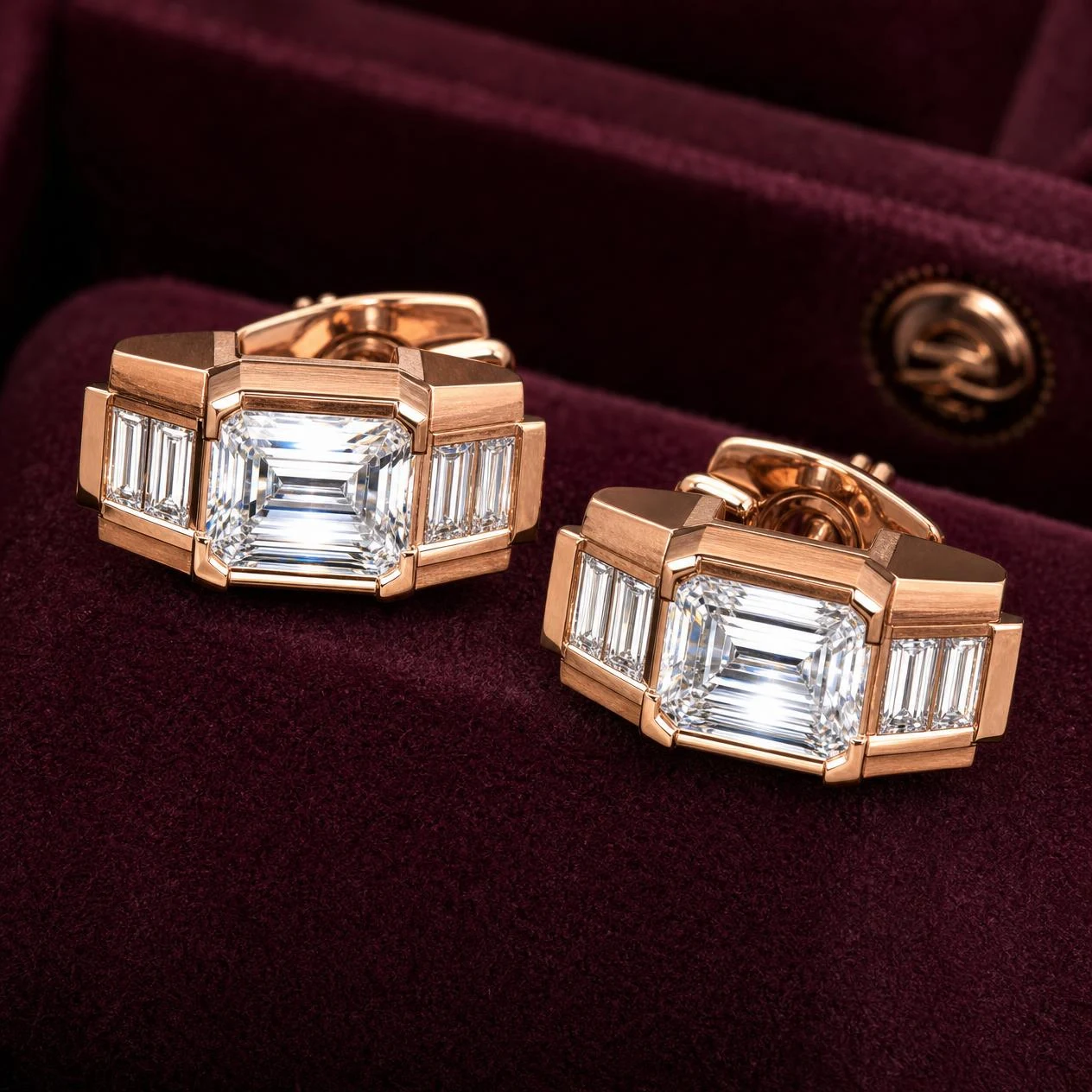 Console Silenzioso, 1.96 ct tw emerald lab grown diamond men’s earrings in rose gold (front view)
