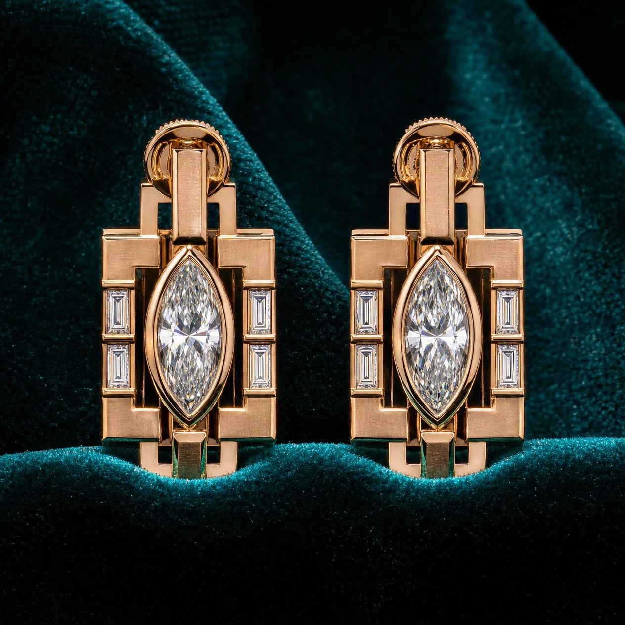 Console Solenne, 2.02 ct tw marquise lab grown diamond men’s earrings in rose gold (front view)