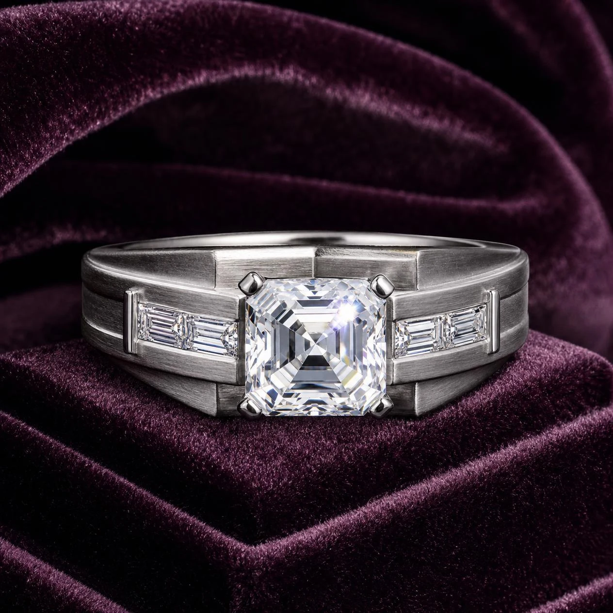 Conte di Marmo, 1.3 ct tw asscher lab grown diamond men’s ring in 14K white gold (front view)