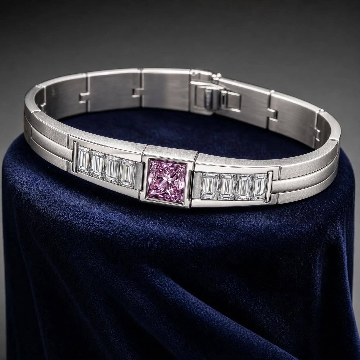 Tramonto d'Ebano, 1.55 ct tw princess lab grown diamond men’s bracelet in 14K white gold (front view)