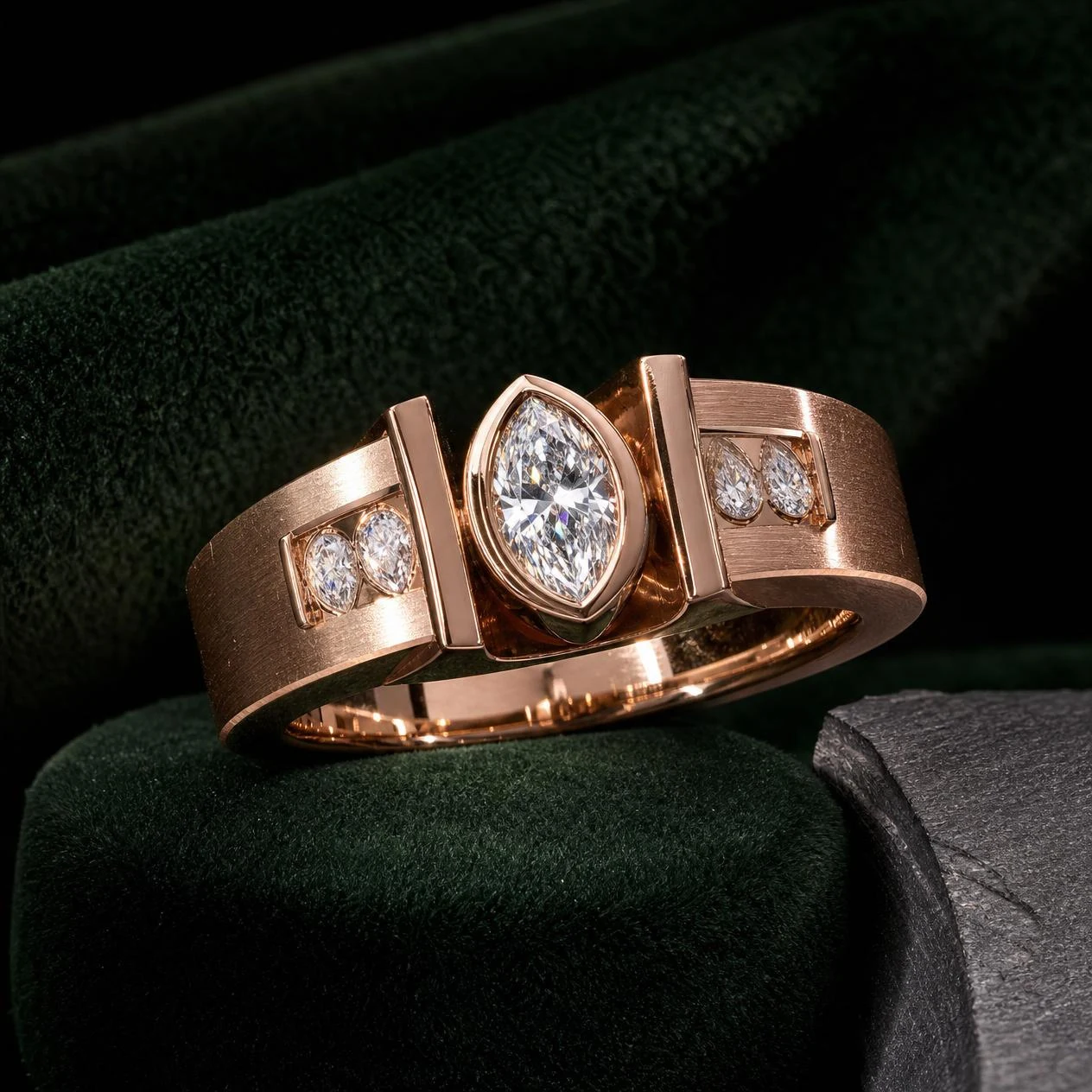 Quercia di Notte, 1.34 ct tw marquise lab grown diamond men’s ring in rose gold (front view)