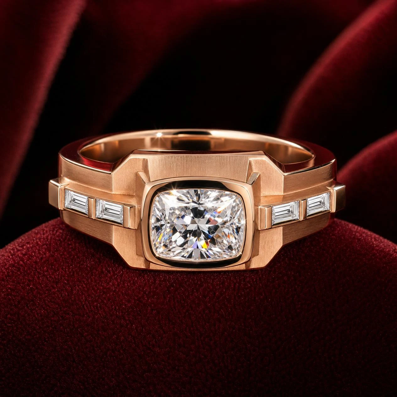 Ponente del Nord, 1.11 ct tw cushion lab grown diamond men’s ring in rose gold (front view)
