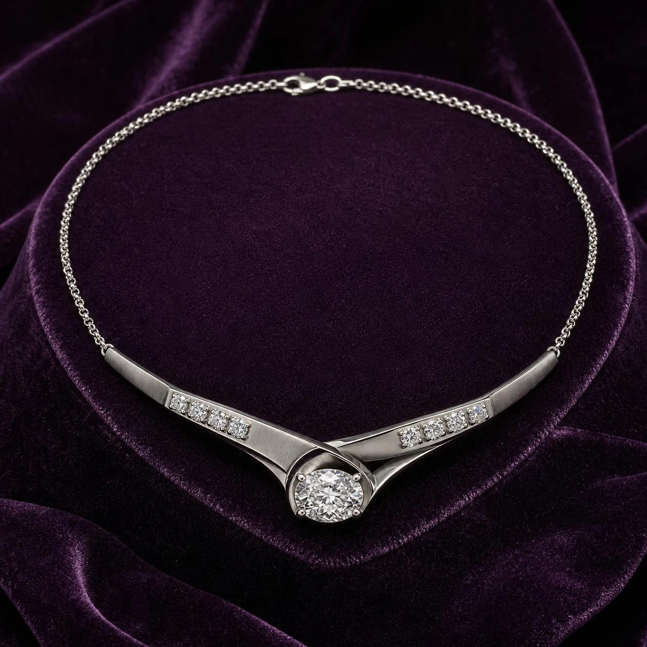 Aurora Preziosa, 1.06 ct tw oval lab grown diamond necklace in 14K white gold (front view)