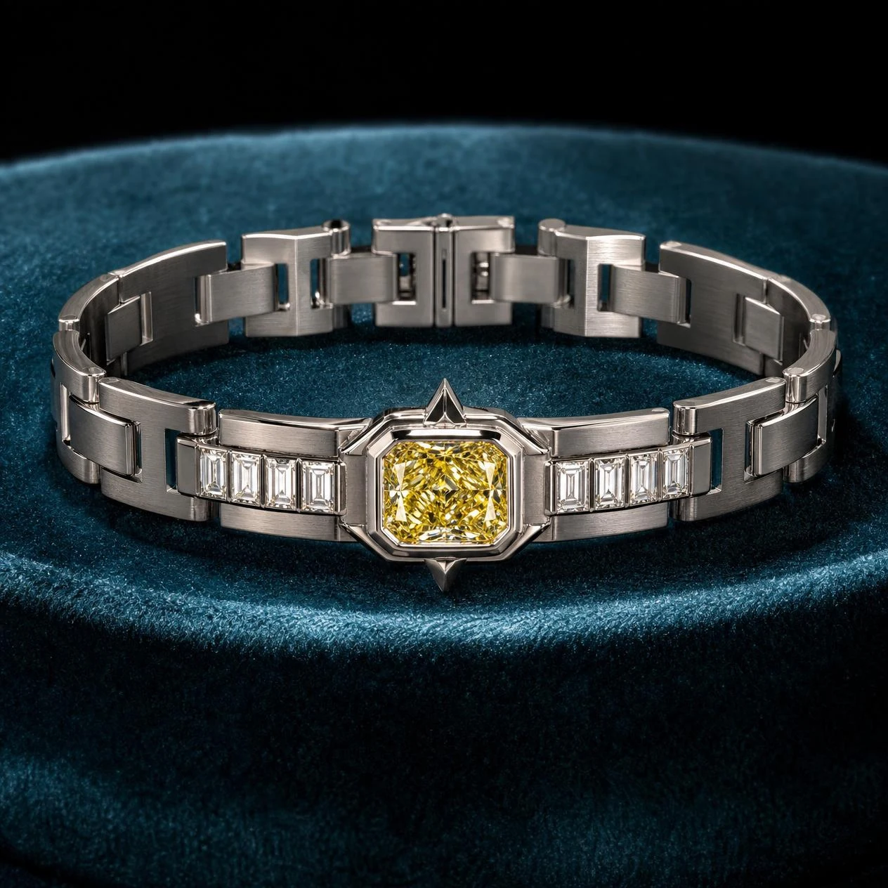 Uragano del Sud, 1.22 ct tw radiant lab grown diamond men’s bracelet in 14K white gold (front view)