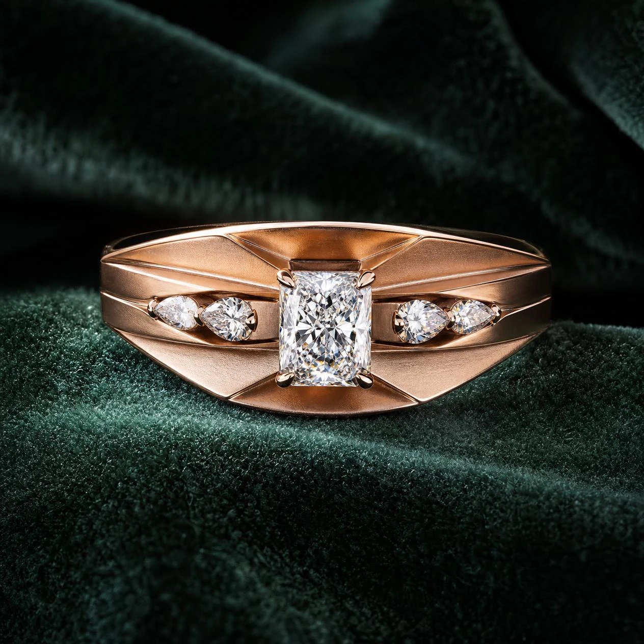 Bronzo Fiero, 1.15 ct tw radiant lab grown diamond men’s ring in rose gold (front view)
