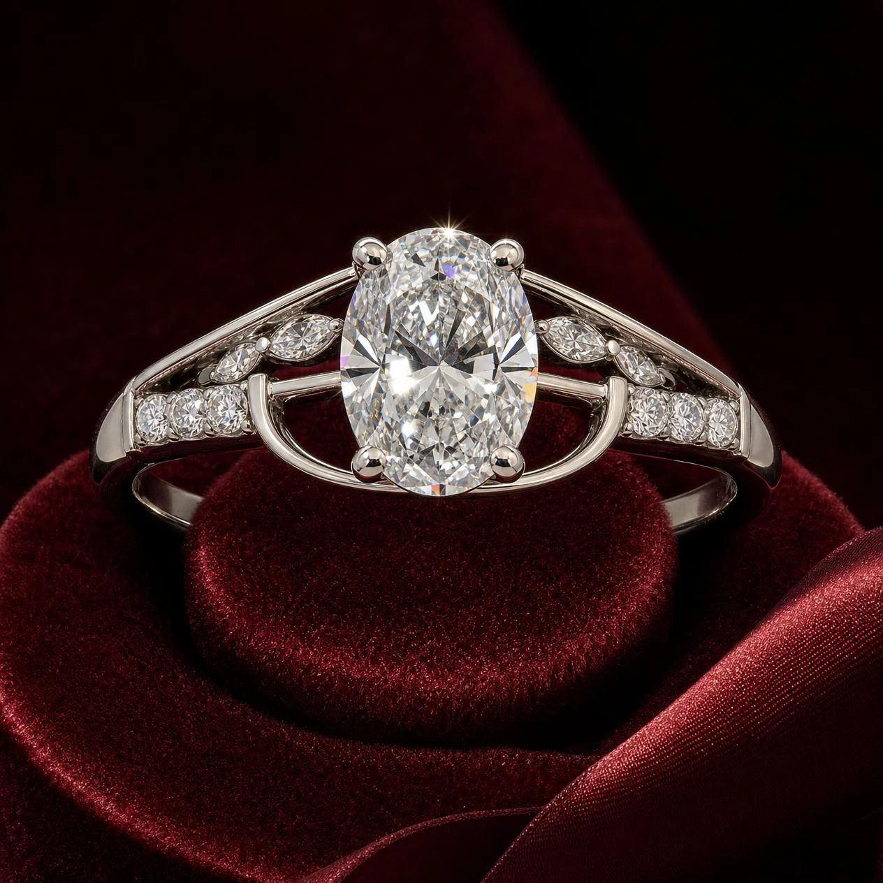 Brina Sospesa, 1.88 ct tw oval lab grown diamond ring in 14K white gold (front view)