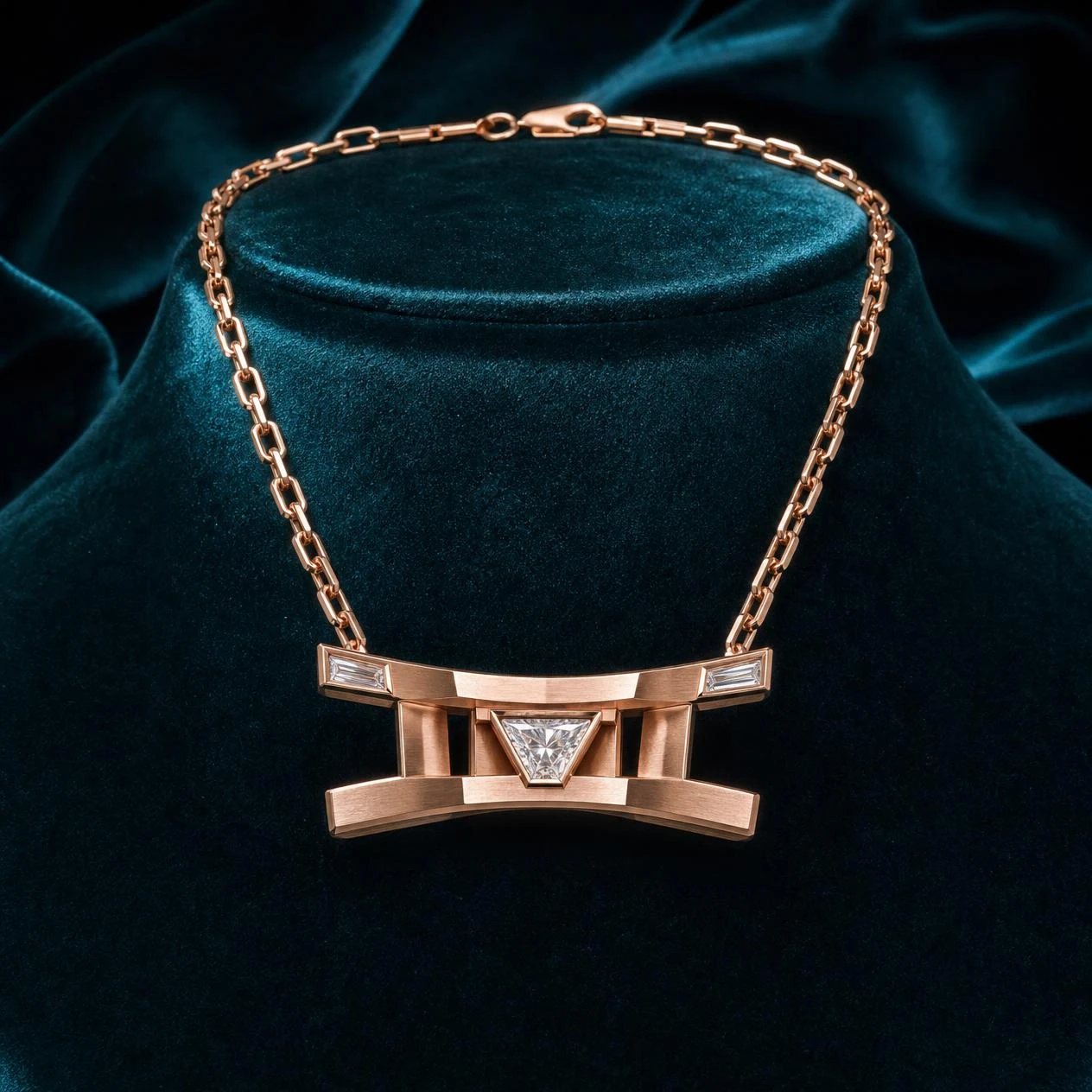 Tramonto Vigile, 1 ct tw trillion lab grown diamond men’s necklace in rose gold (front view)