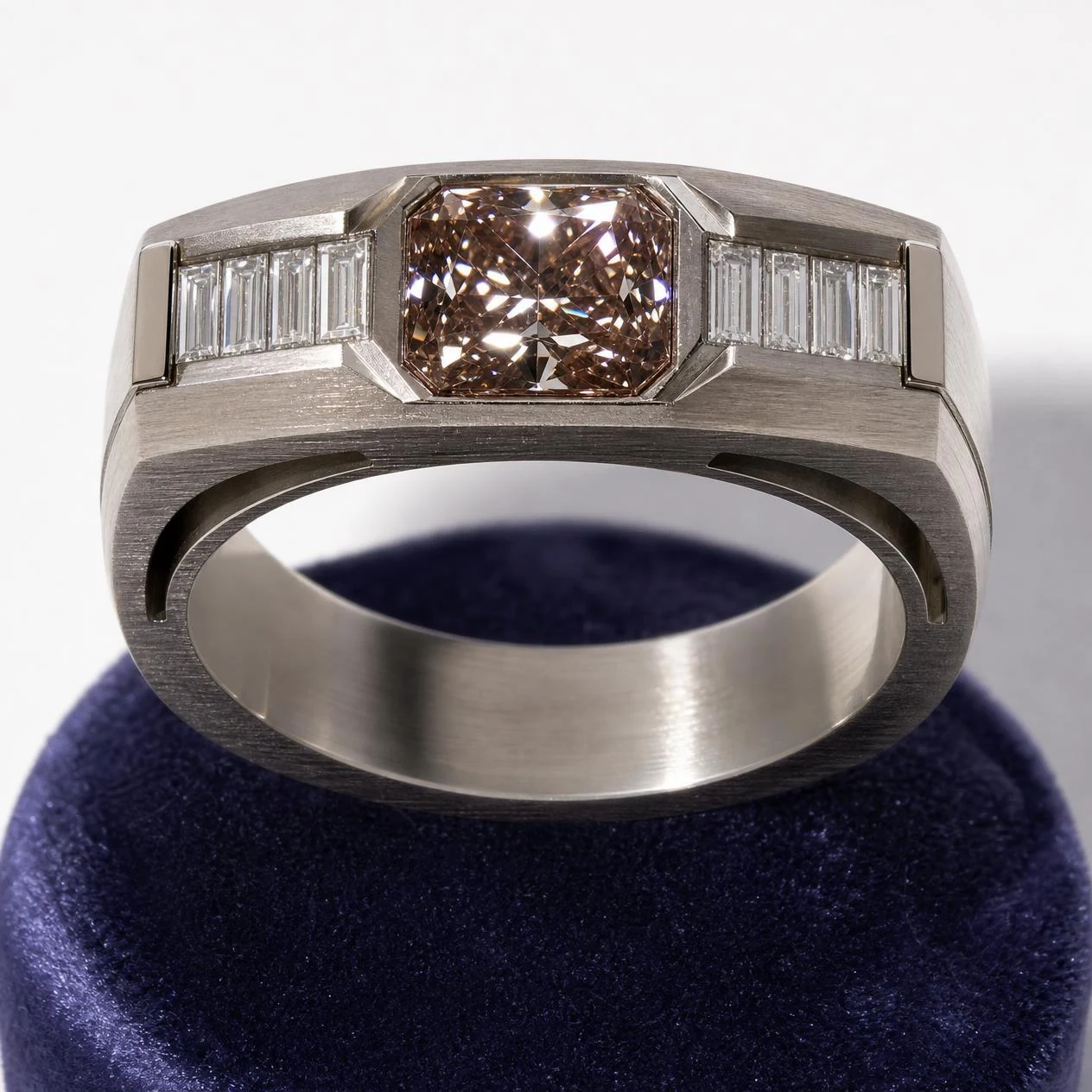 Pellegrino Profondo, 1.19 ct tw radiant lab grown diamond men’s ring in 14K white gold (front view)