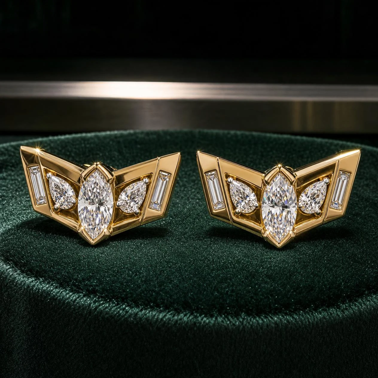 Ebano Supremo, 1.6 ct tw marquise lab grown diamond men’s earrings in 14K yellow gold (front view)