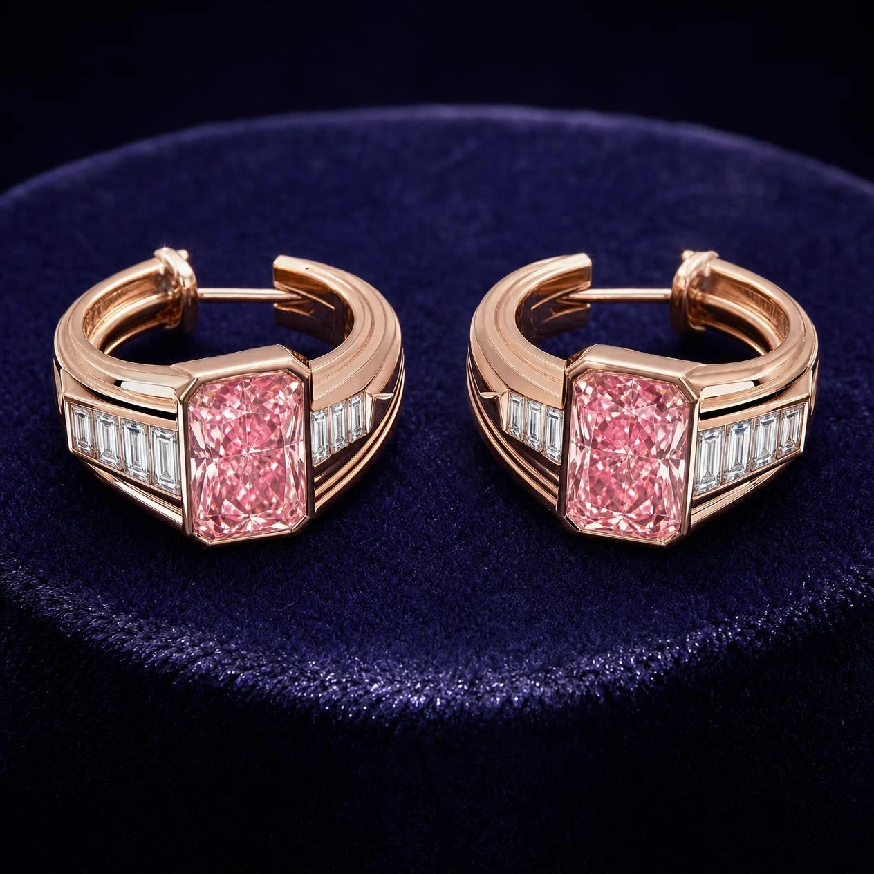 Lancia del Sud, 2.32 ct tw radiant lab grown diamond men’s earrings in rose gold (front view)