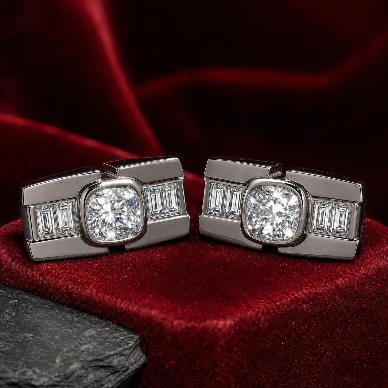 Uragano di Bronzo, 2.22 ct tw cushion lab grown diamond men’s earrings in 14K white gold (front view)