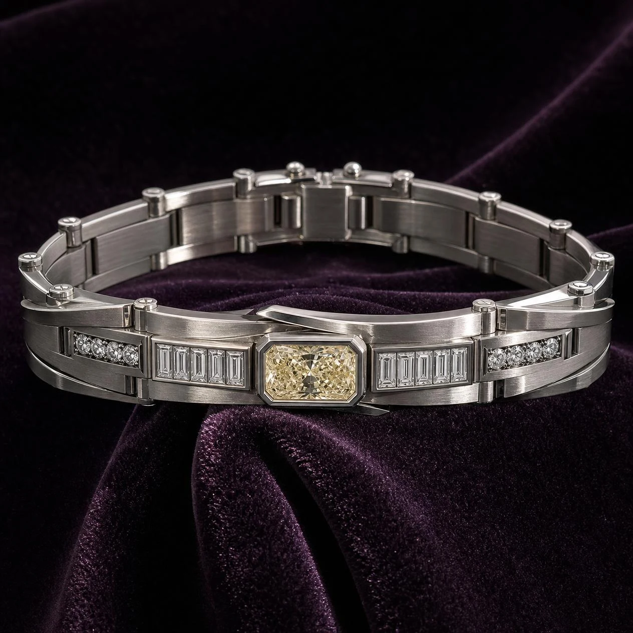 Cratere Indomito, 1.46 ct tw radiant lab grown diamond men’s bracelet in 14K white gold (front view)