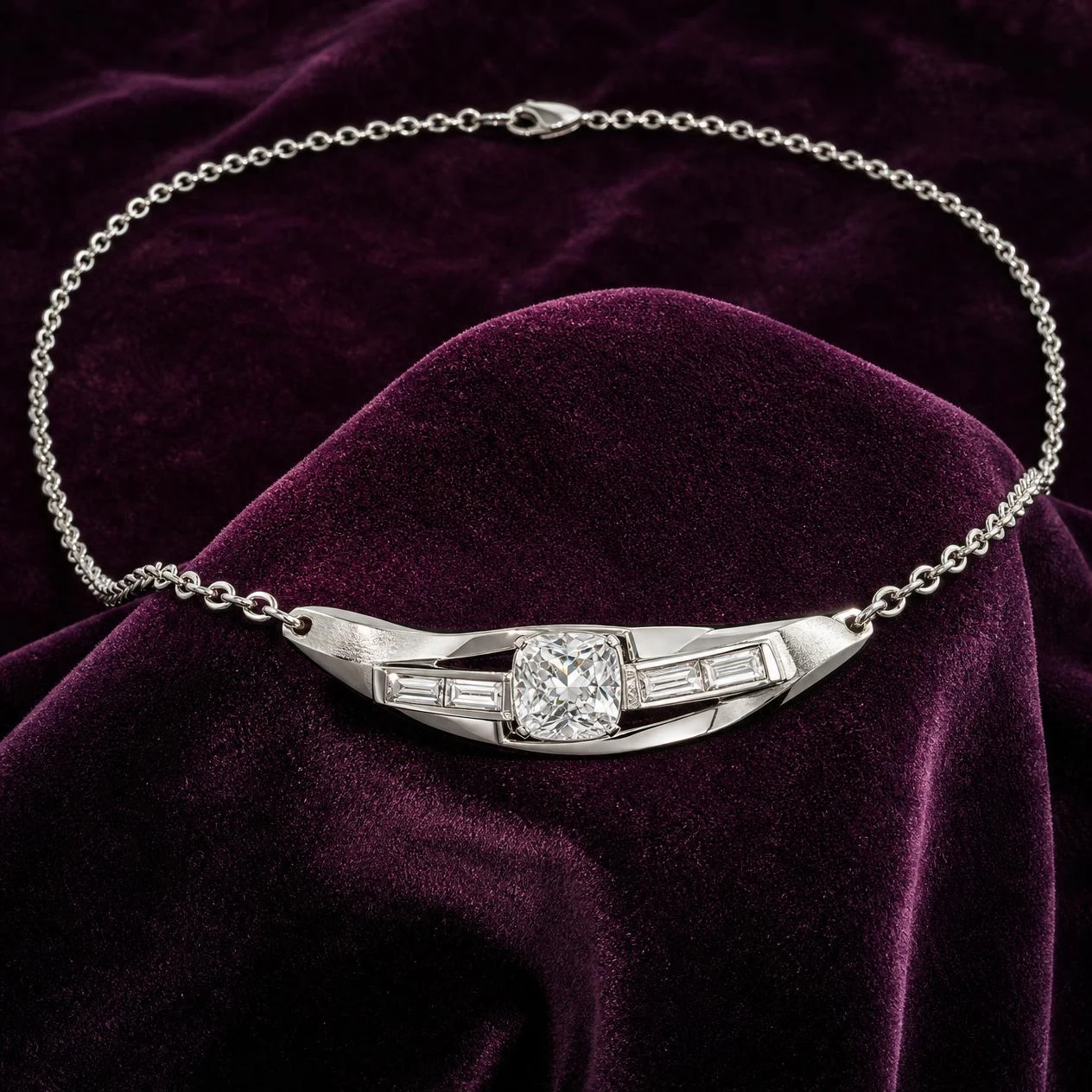 Lampo Nero, 1.06 ct tw cushion lab grown diamond men’s necklace in 14K white gold (front view)