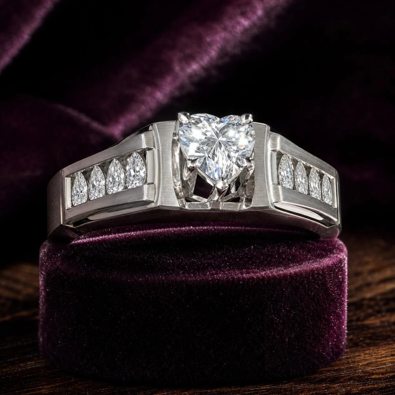 Tramonto Oscuro, 1.5 ct tw heart lab grown diamond men’s ring in 14K white gold (front view)