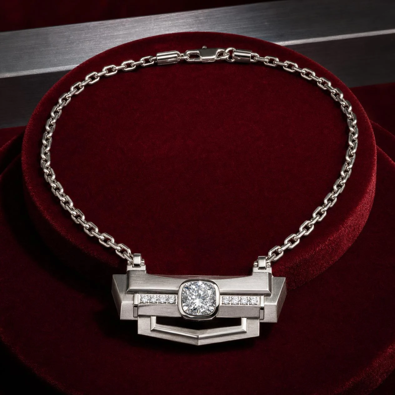 Cratere dell'Alba, 0.84 ct tw cushion lab grown diamond men’s necklace in 14K white gold (front view)