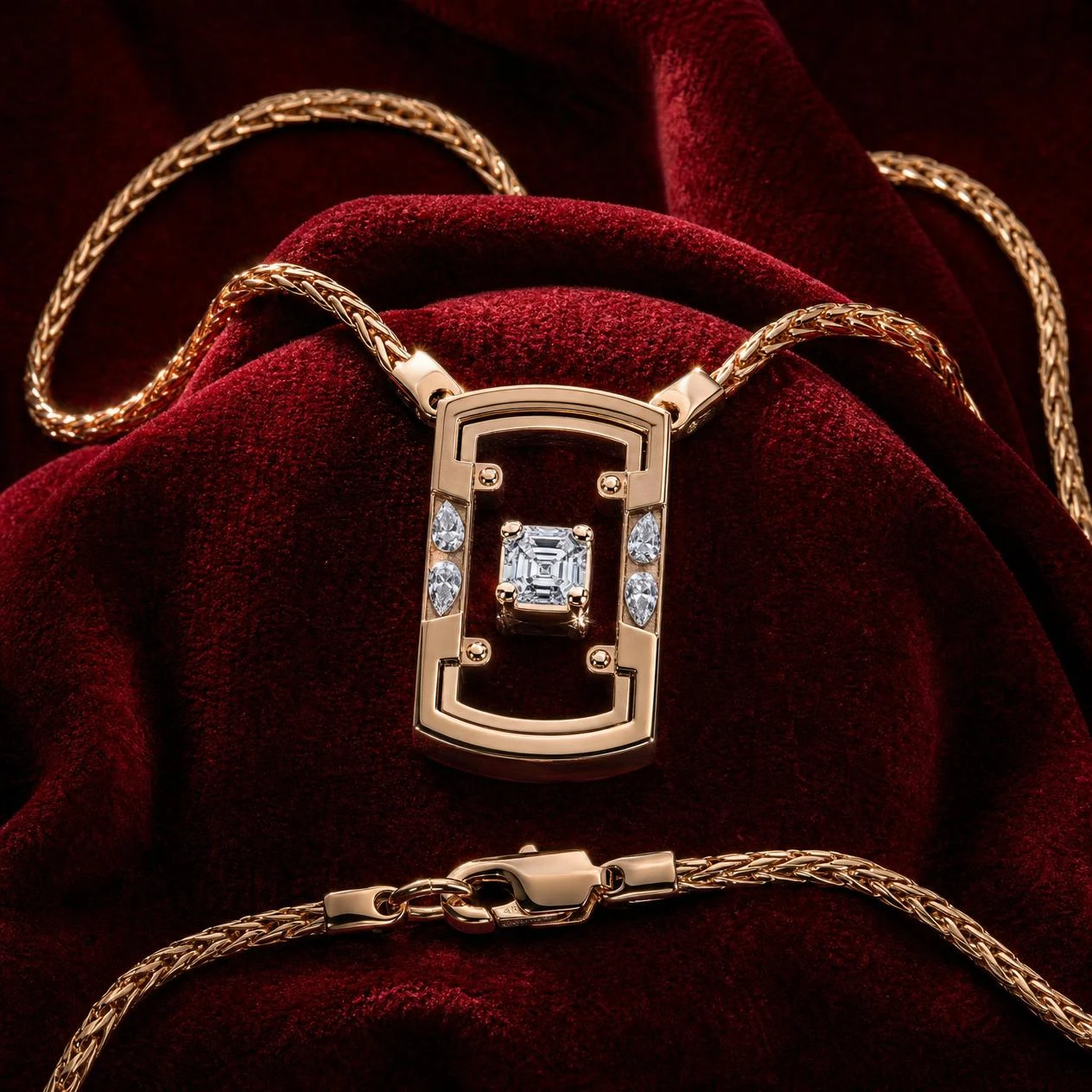Tribuno Nero, 1.21 ct tw asscher lab grown diamond men’s necklace in rose gold (front view)