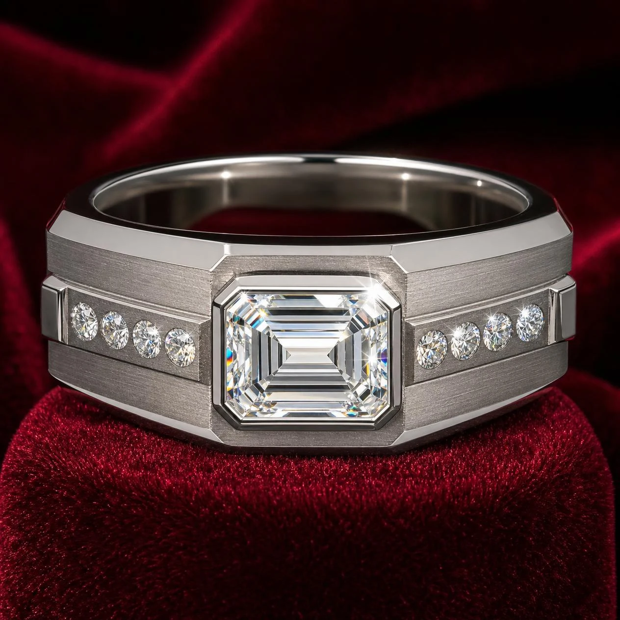 Monarca di Genova, 1.29 ct tw emerald lab grown diamond men’s ring in 14K white gold (front view)
