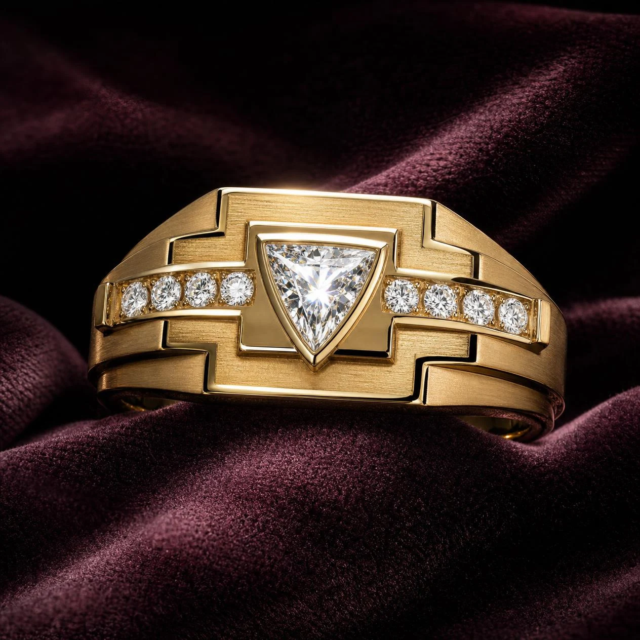 Arciere Antico, 1.06 ct tw trillion lab grown diamond men’s ring in 14K yellow gold (front view)