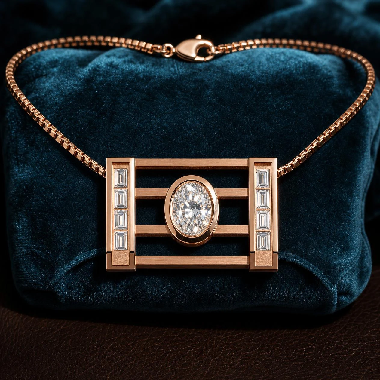Signore Nobile, 1.42 ct tw oval lab grown diamond men’s necklace in rose gold (front view)